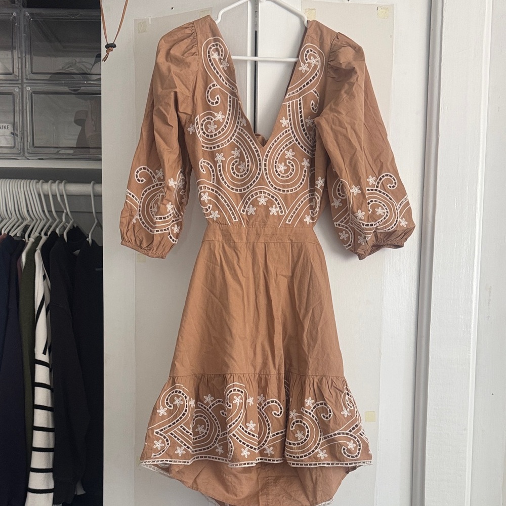 Express Tan Mini Dress with White Embroidery, NWT